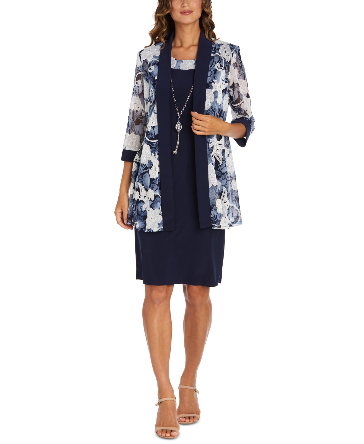 Women's Printed Dress and Jacket - Navy/denim
