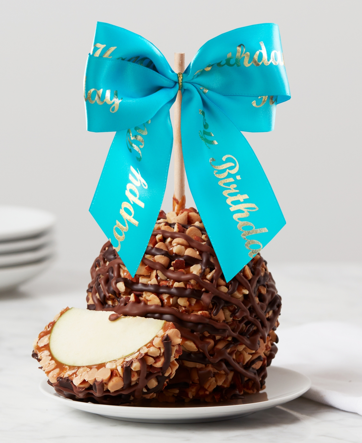 Mrs. Prindables Chocolate Peanut Butter Almond Happy Birthday Ribbon Jumbo Caramel Apple