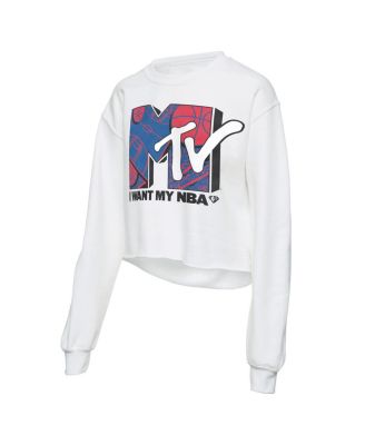 Women's White NBA x MTV I Want My Cropped Fleece Pullover Sweatshirt