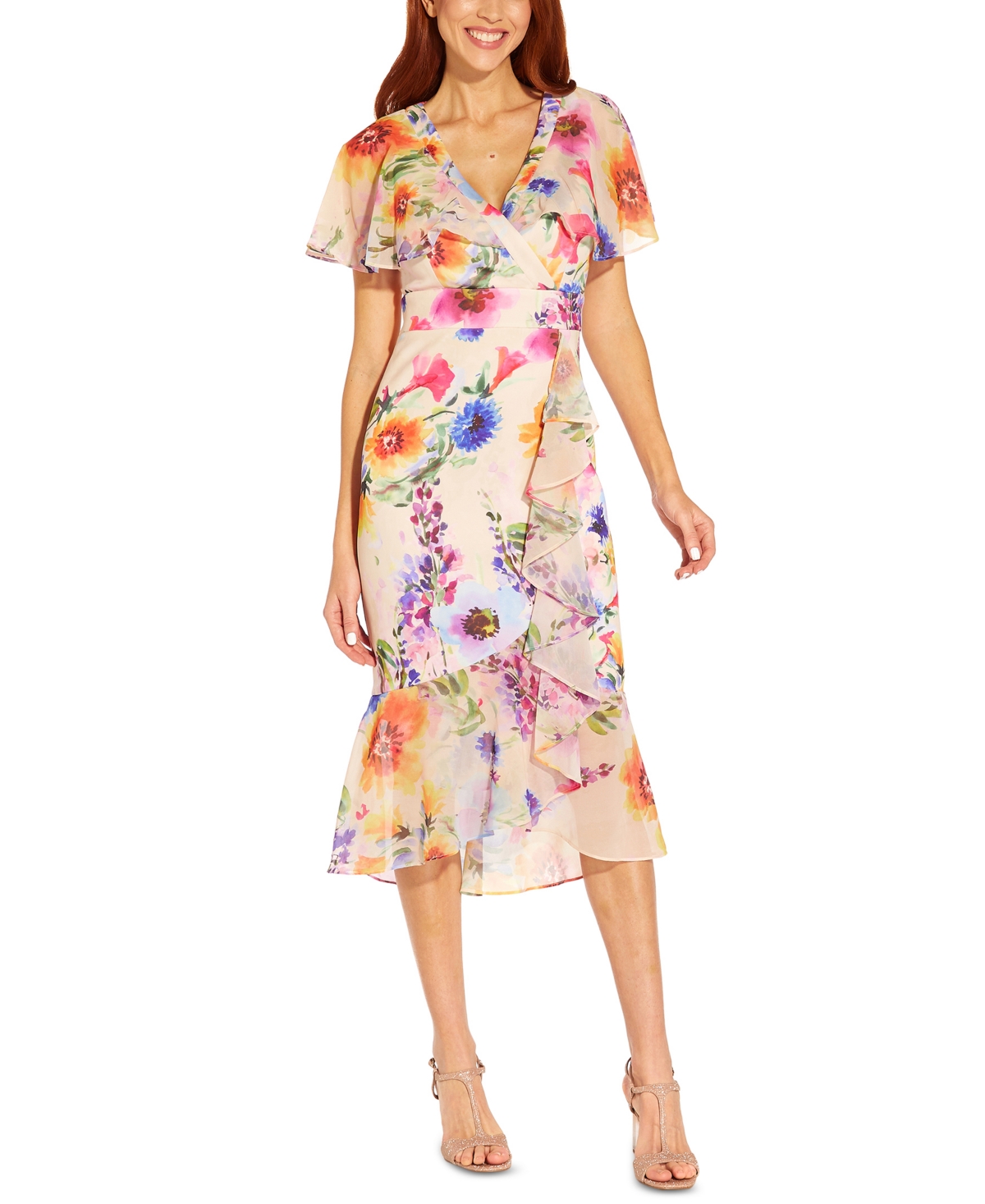 Adrianna Papell Floral Ruffle Faux Wrap Midi Dress In Praline Multi ...