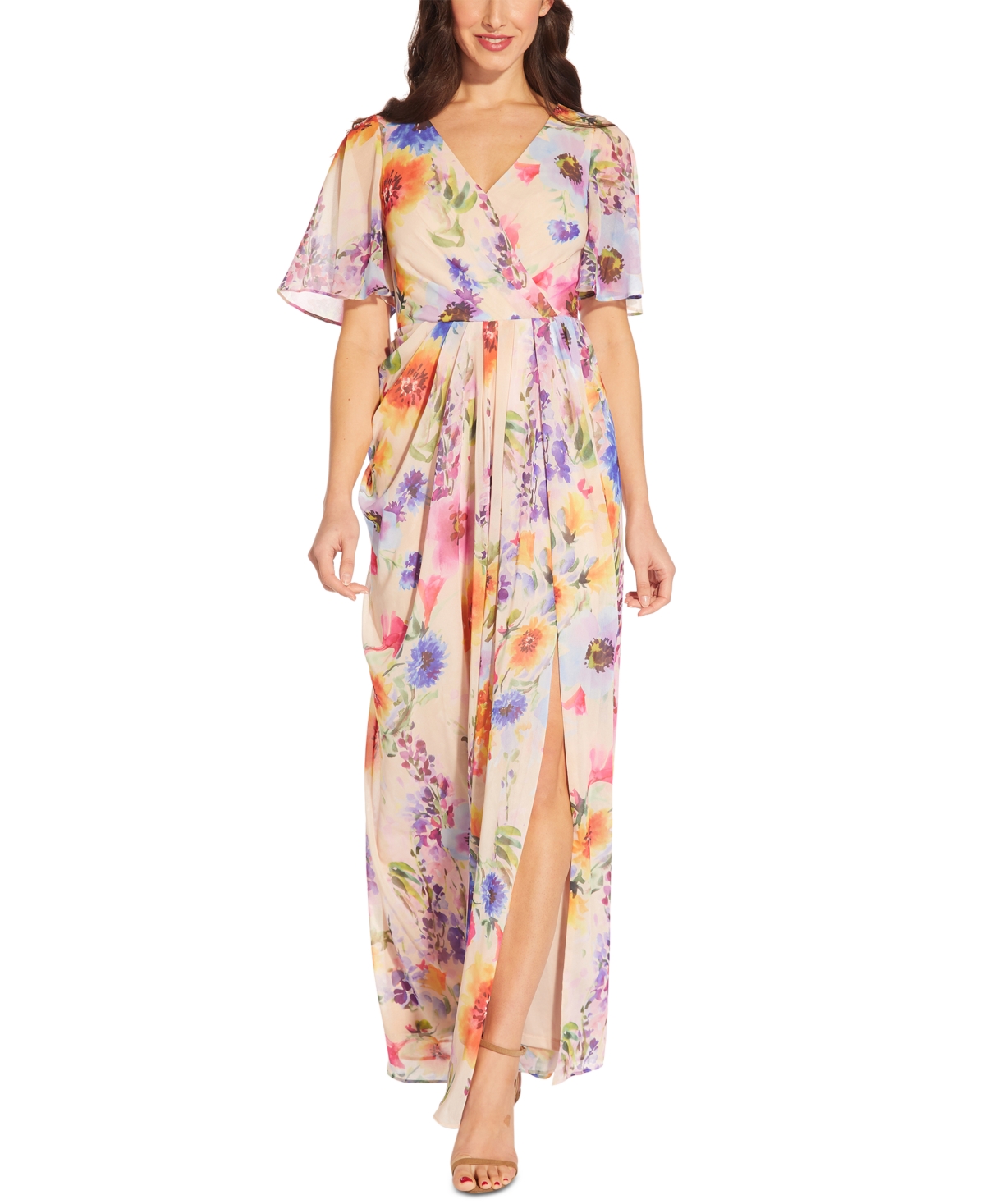 Adrianna Papell Floral Flutter-sleeve Gown In Praline Multi | ModeSens