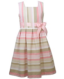 Big Girls Sleeveless Linen Look Dress with Ribbon and Bow