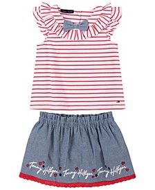 Baby Girls Bow-Front Striped Top and Chambray Skirt with Attached Panties, 2 Piece Set