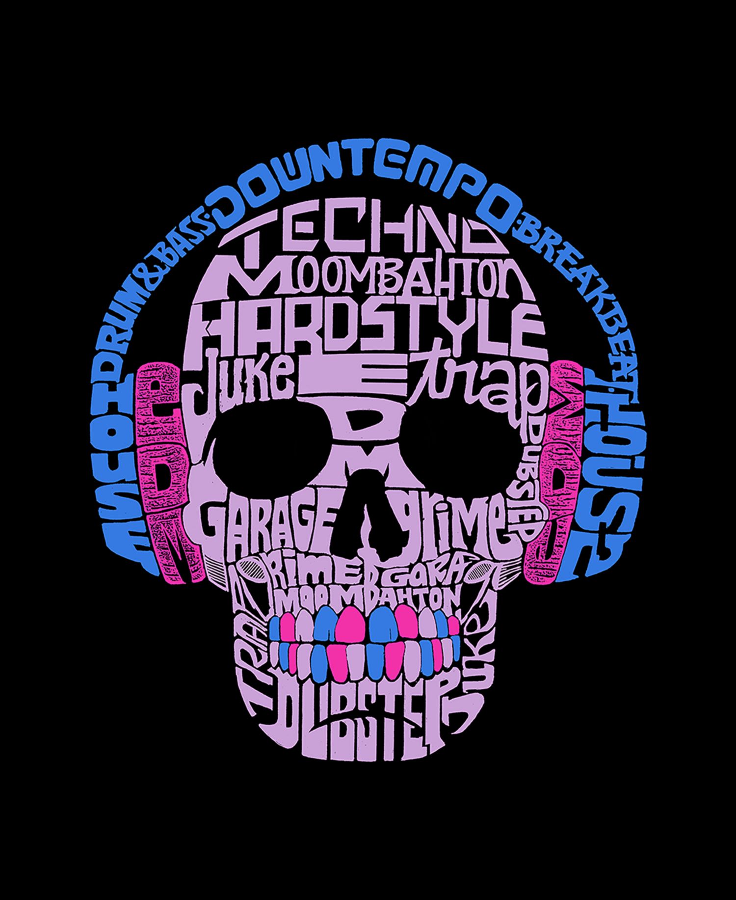 Men's Cotton/Poly Blend Word Art Styles of Edm Music Skull T-shirt