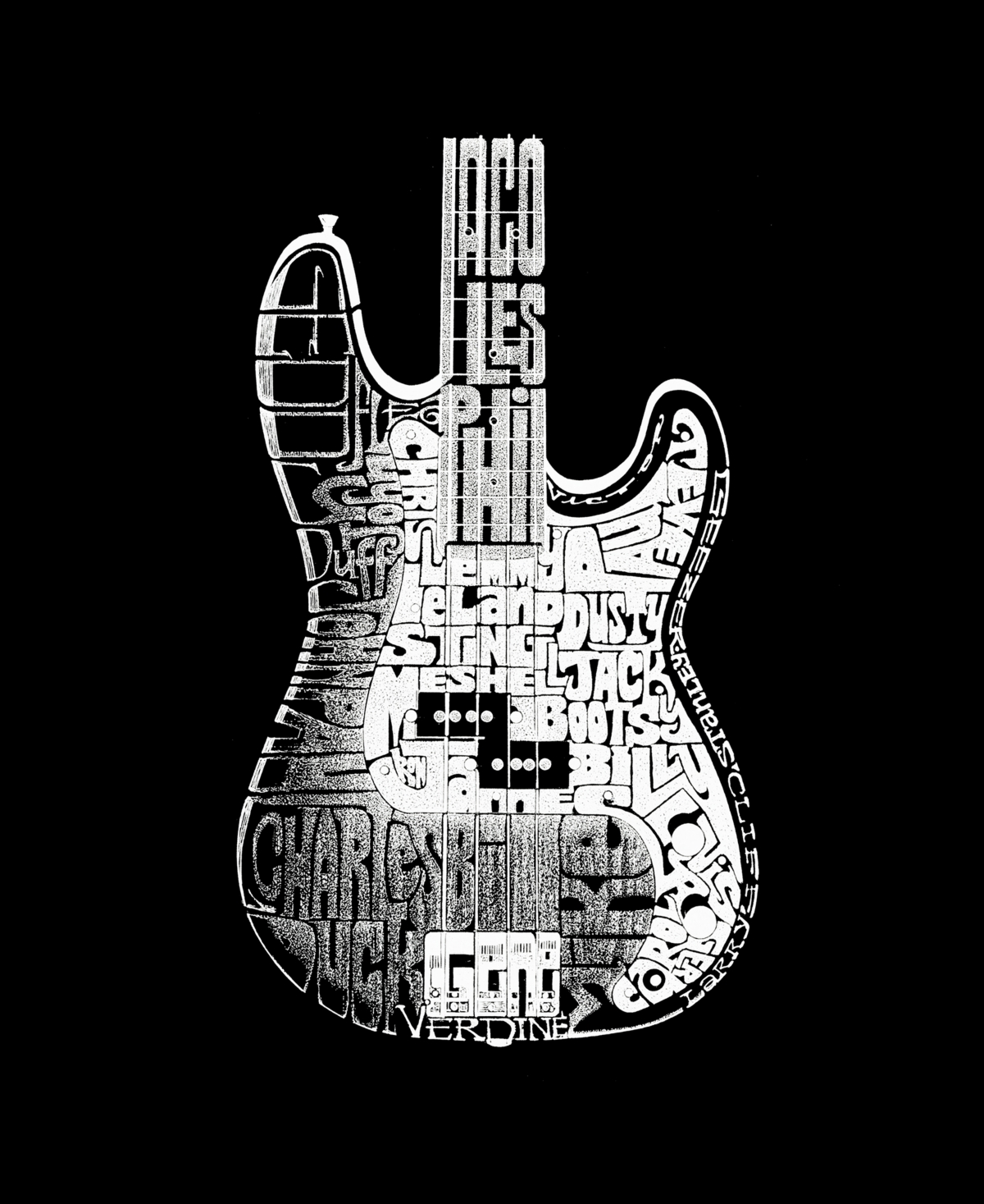 Men's Raglan Baseball Word Art Bass Guitar T-shirt - Black and White