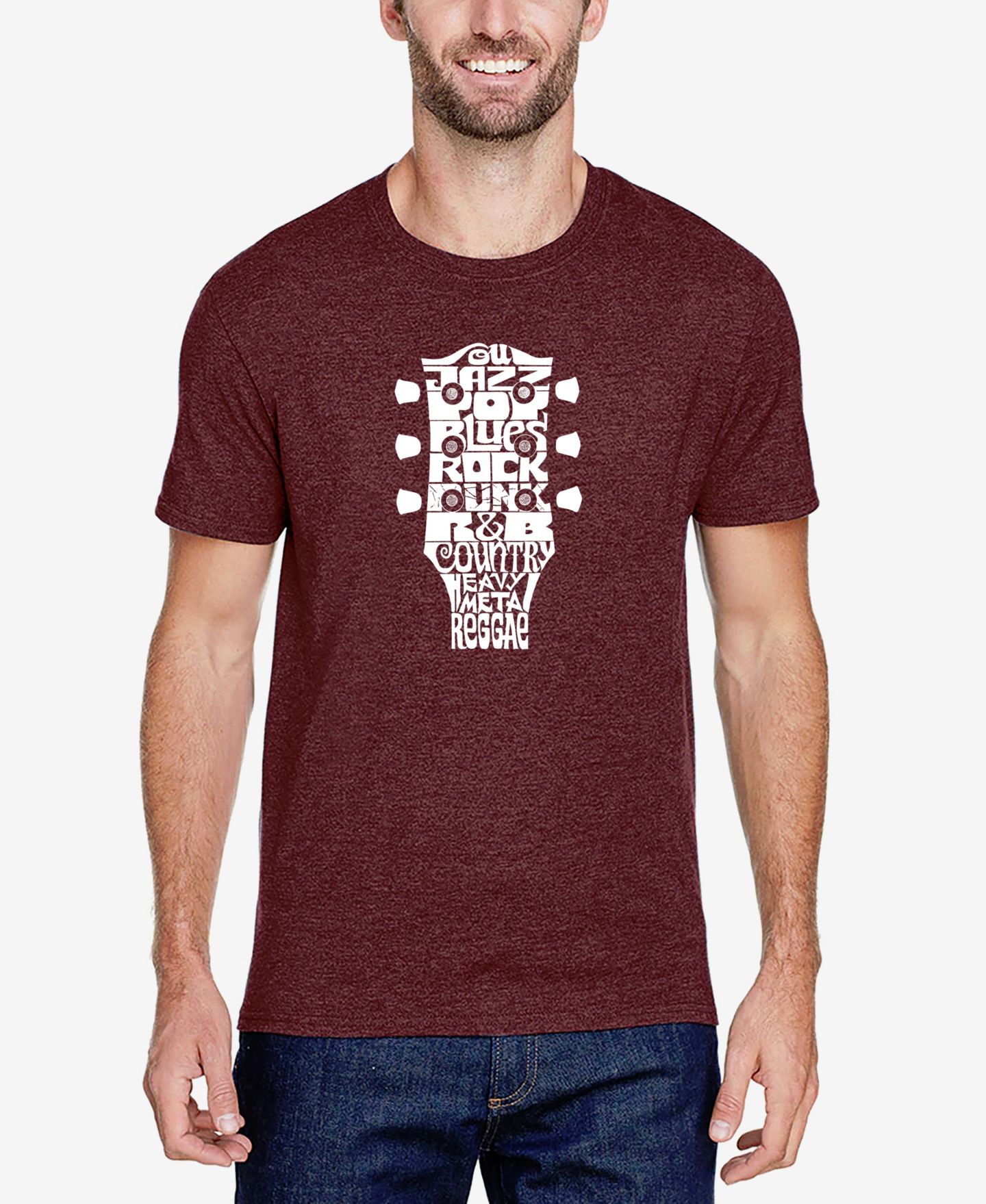 Мужская футболка LA Pop Art Cotton/Poly Blend Word Art - Guitar Head Music Genres, цвет: Бордовый — фото 1