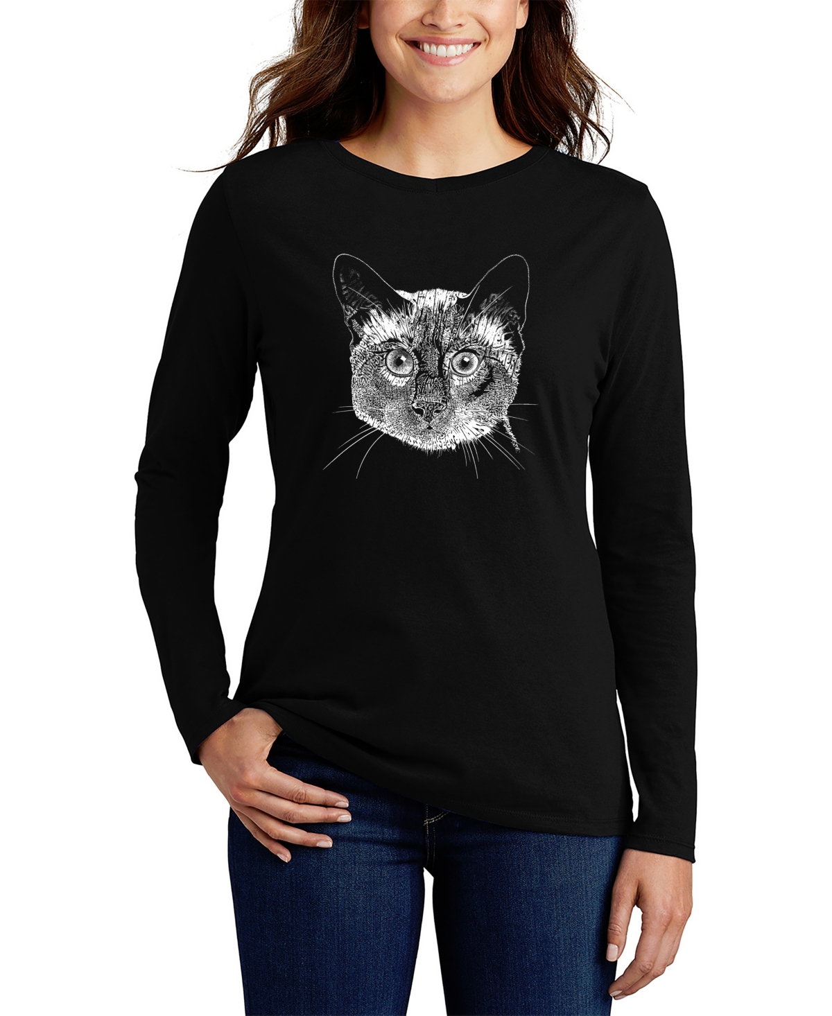 Women's Long Sleeve Word Art Siamese Cat T-shirt - Black