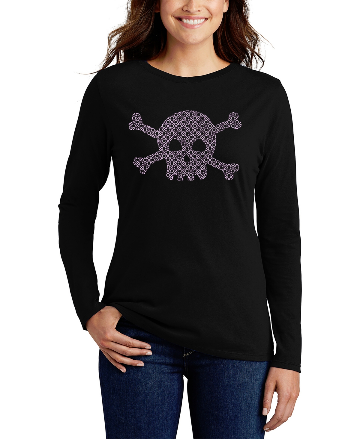 Women's Long Sleeve Word Art Xoxo Skull T-shirt - Black