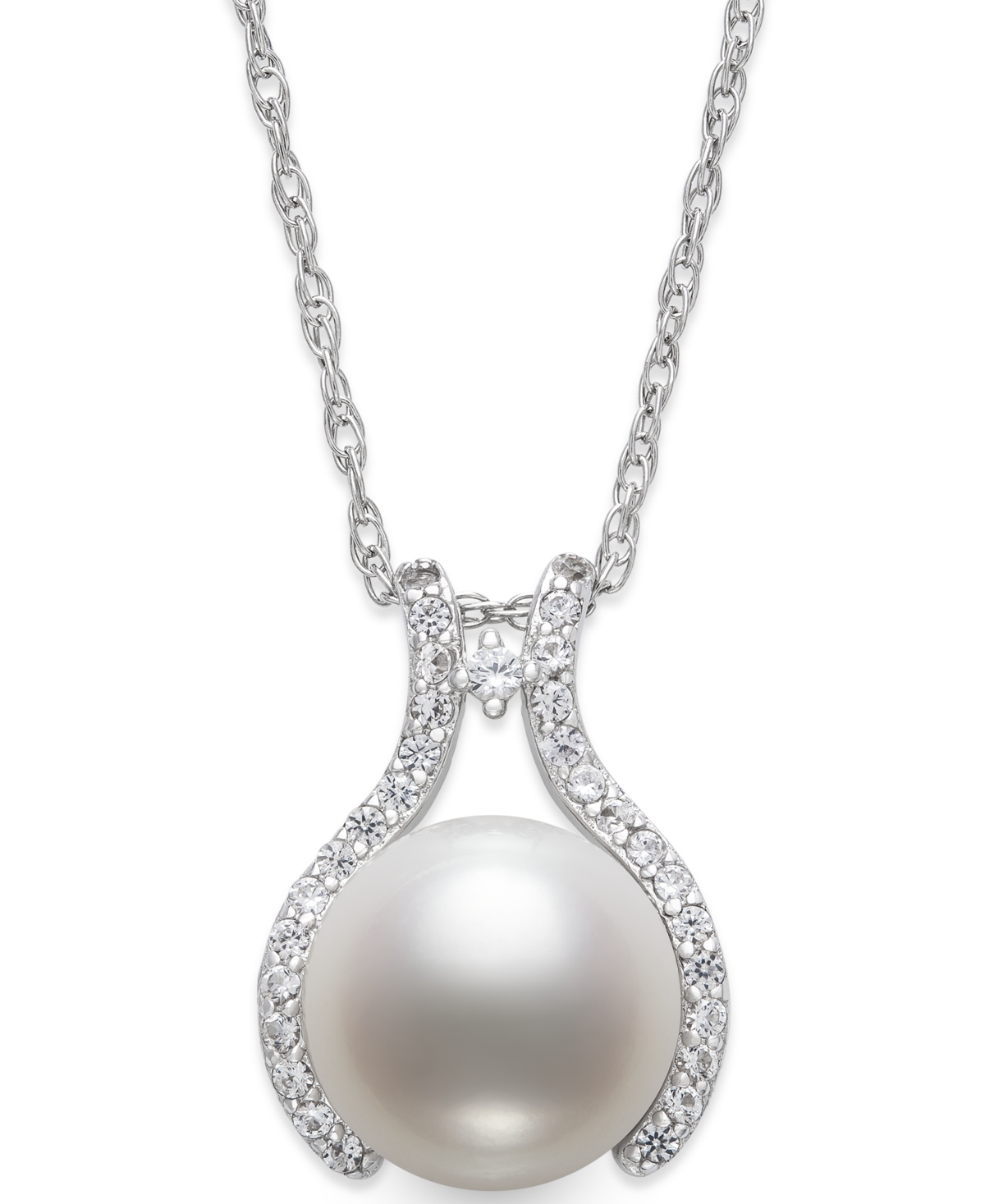 Belle de Mer Cultured Freshwater Pearl (9mm) & Cubic Zirconia Wishbone 18" Pendant Necklace in Sterling Silver, Created for Macy's