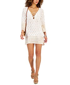 Women's Lace-Up Border-Print Swim Cover-Up