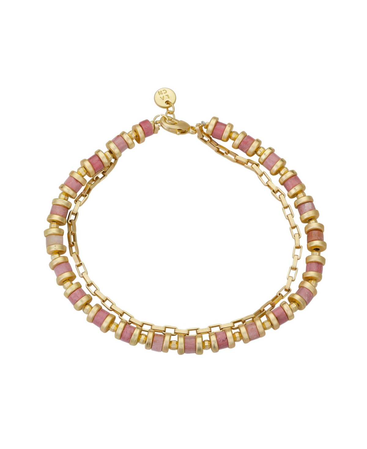 Shop Unwritten 14k Gold Flash Plated Rhodochrosite Stone Paperlink Chain Double Bracelet In Gold-tone