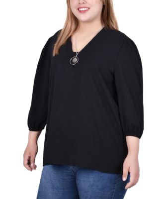 Plus Size 3/4 Puff Sleeve Top with Detachable Necklace