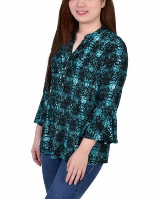 Women's 3/4 Bell Sleeve Pleat Front Y-neck Top