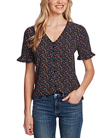 Floral-Print Ruffled-Sleeve Button-Down Top