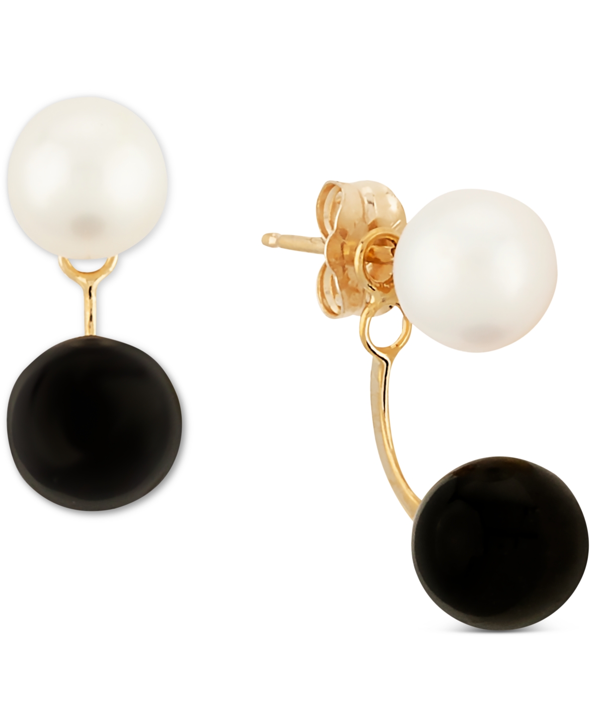 Macy's Cultured Freshwater Pearl (5-1/4mm) & Onyx Front And Back Earrings In Gold