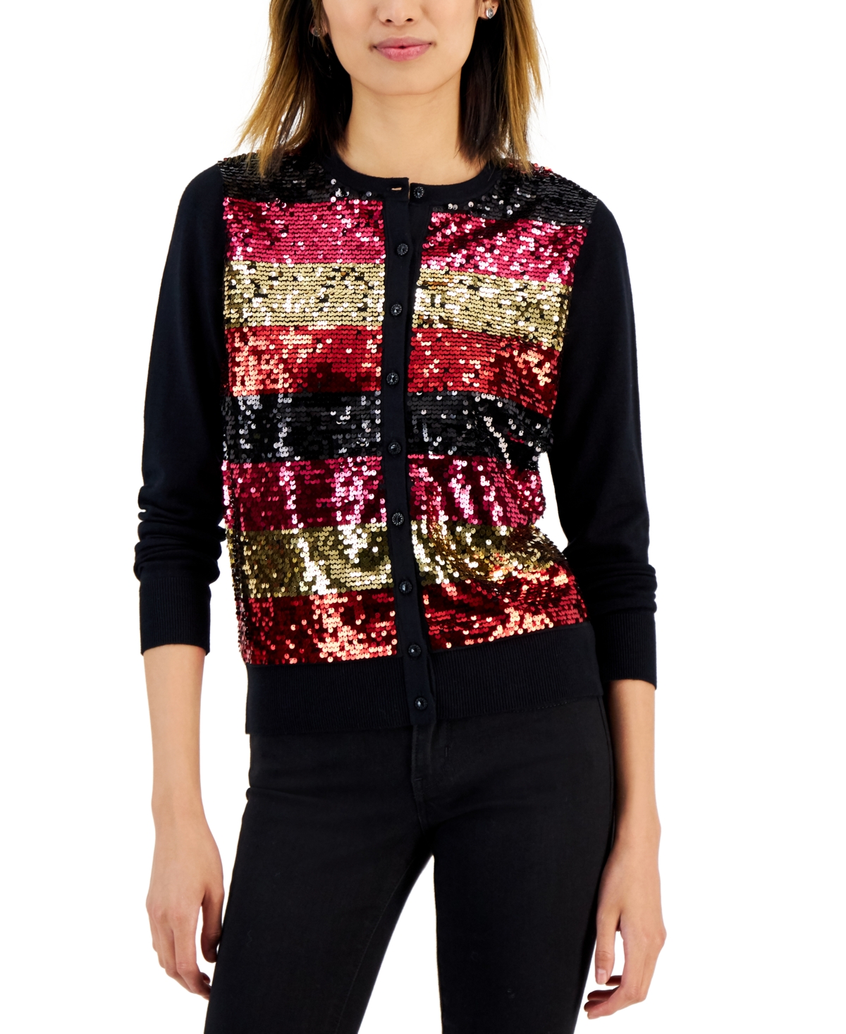 Charter Club Women's Sequin Striped Cardigan, Created for Macy's