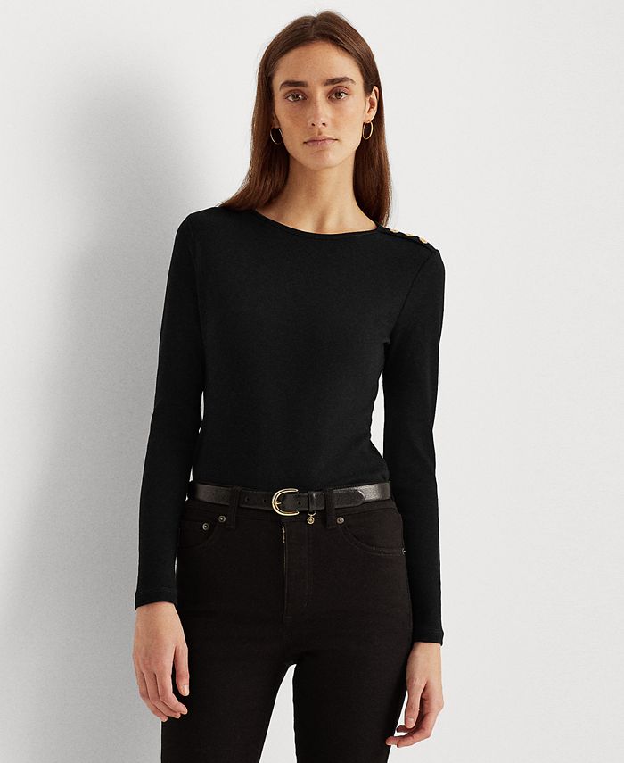 Lauren Ralph Lauren Long-Sleeve Button-Shoulder Top - Macy's