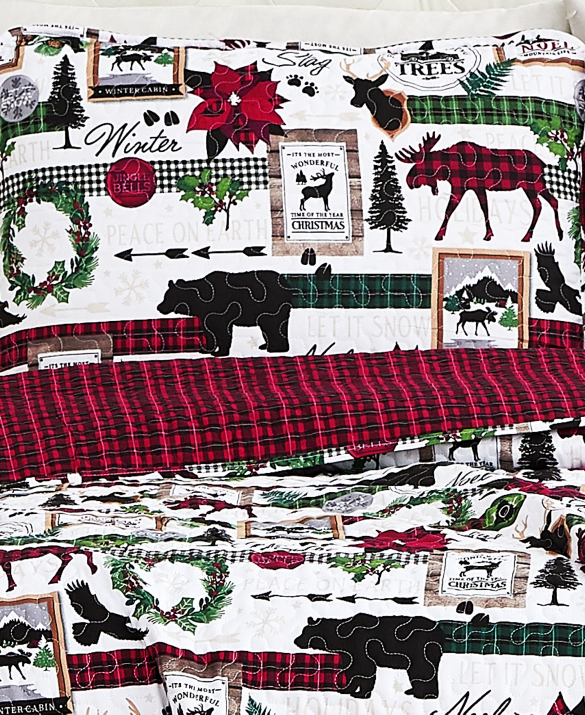 Merry Town Christmas Oversized Reversible 3 Piece Quilt Set, Full or Queen