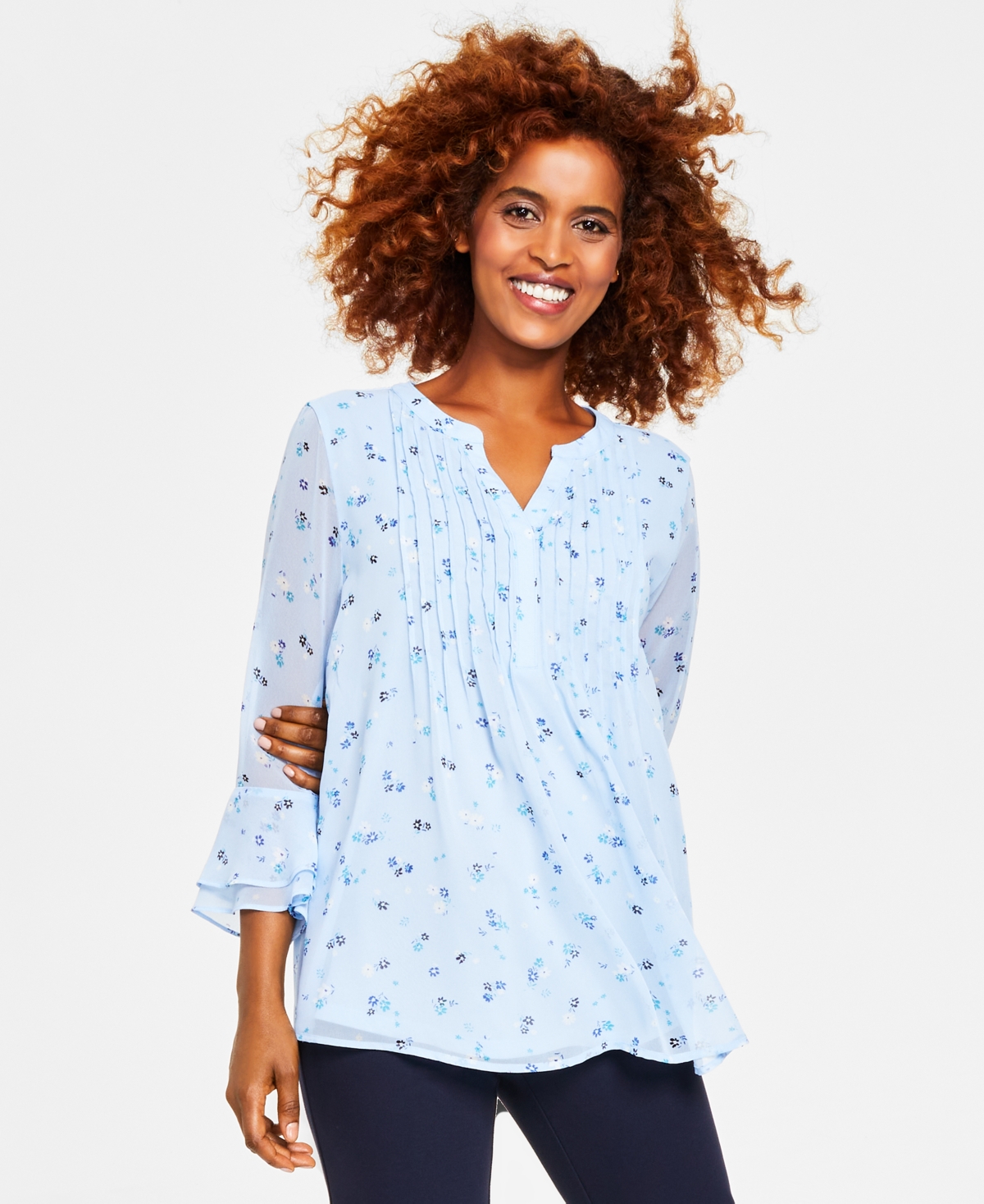 Charter Club Women's Pleated Bell-Sleeve Top, Created for Macy's