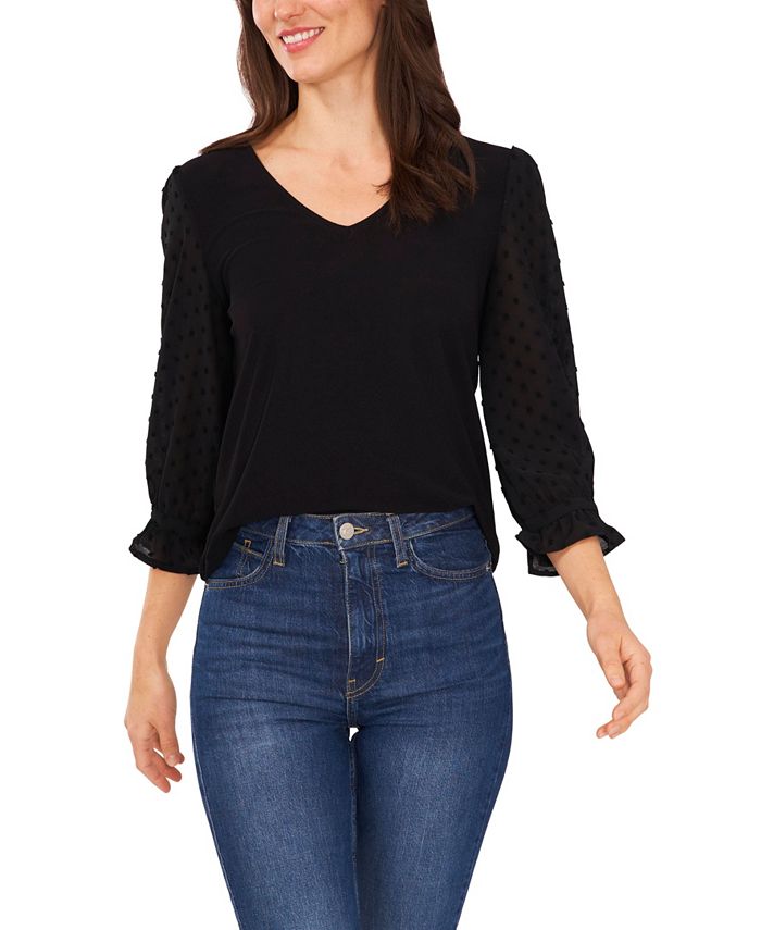 CeCe Women's VNeck Clip Dot Ruffle Long Sleeve Blouse Macy's