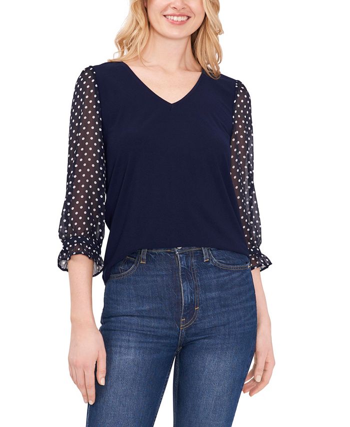 Cece Womens V Neck Polka Dot Ruffle 34 Sleeve Top Macys 