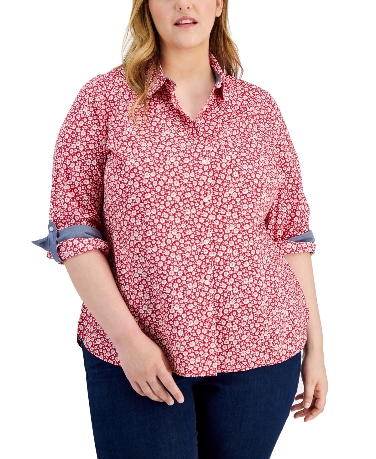 Tommy Hilfiger Plus Size Cotton Printed Utility Shirt In Scarlet,white
