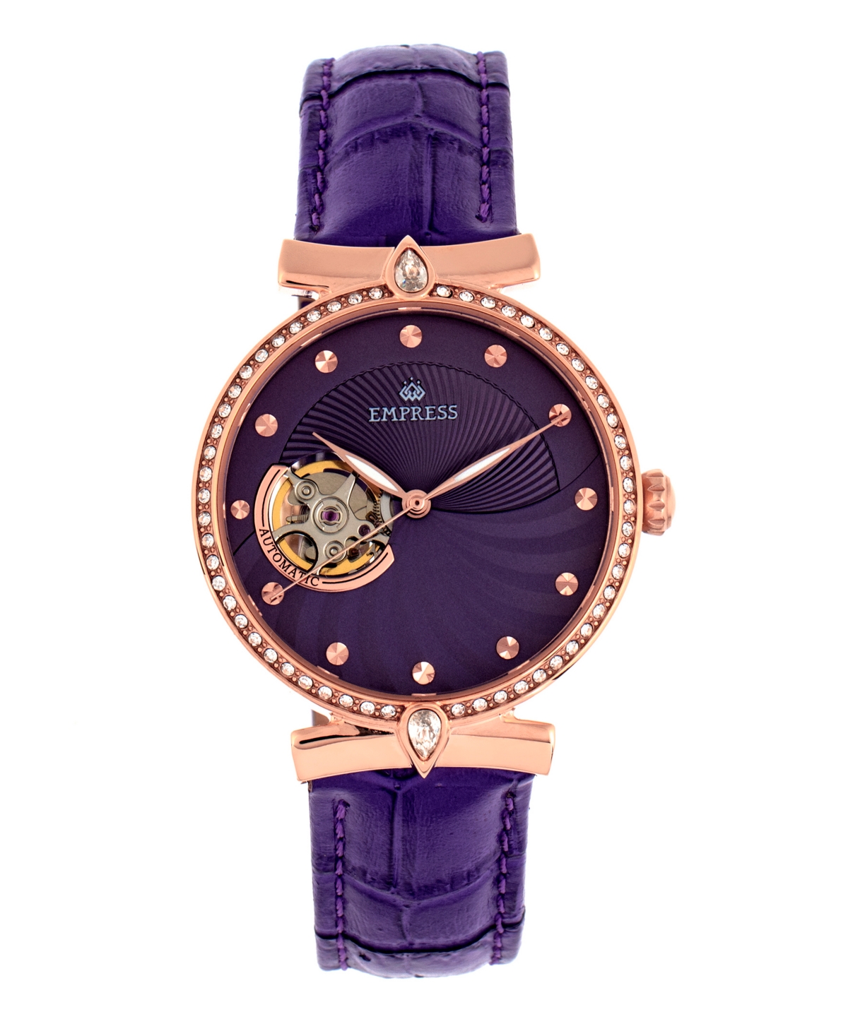 Empress Edith Semi Skeleton Black or Teal or Blue or Orange or Purple or Pink Leather Band Watch, 36mm