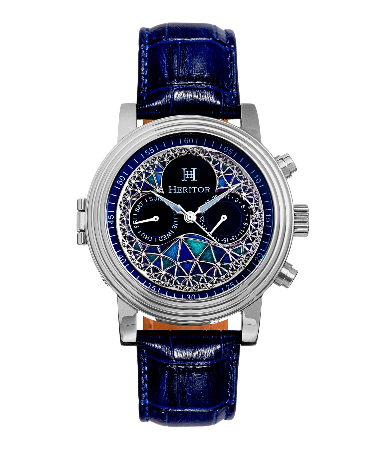 Heritor Automatic Legacy Black Or Blue Or Brown Genuine Leather Band Watch, 44mm In Silver-tone,blue