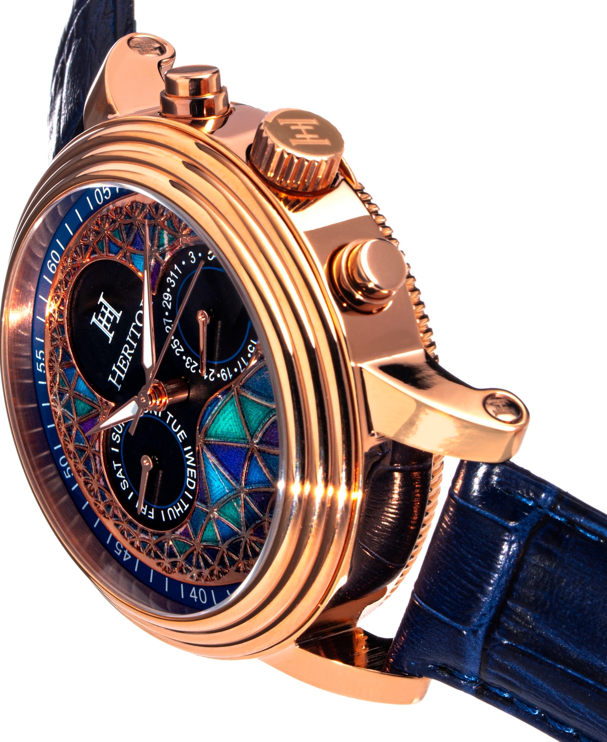Heritor Automatic Legacy Black or Blue or Brown Genuine Leather Band Watch, 44mm - Rose Gold-Tone, Blue