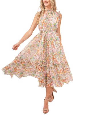 CeCe - Floral Printed Belted Midi Dress