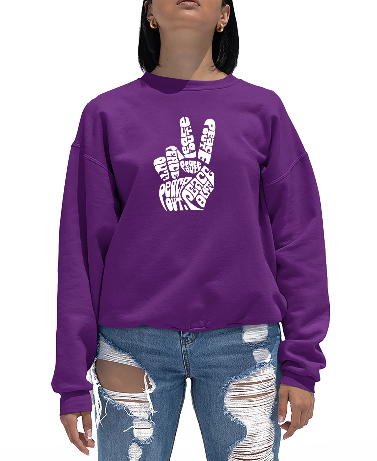 Women's Crewneck Word Art Peace Out Sweatshirt Top - Purple