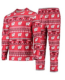 Men's Red Wisconsin Badgers Ugly Sweater Long Sleeve T-shirt and Pants Sleep Set
