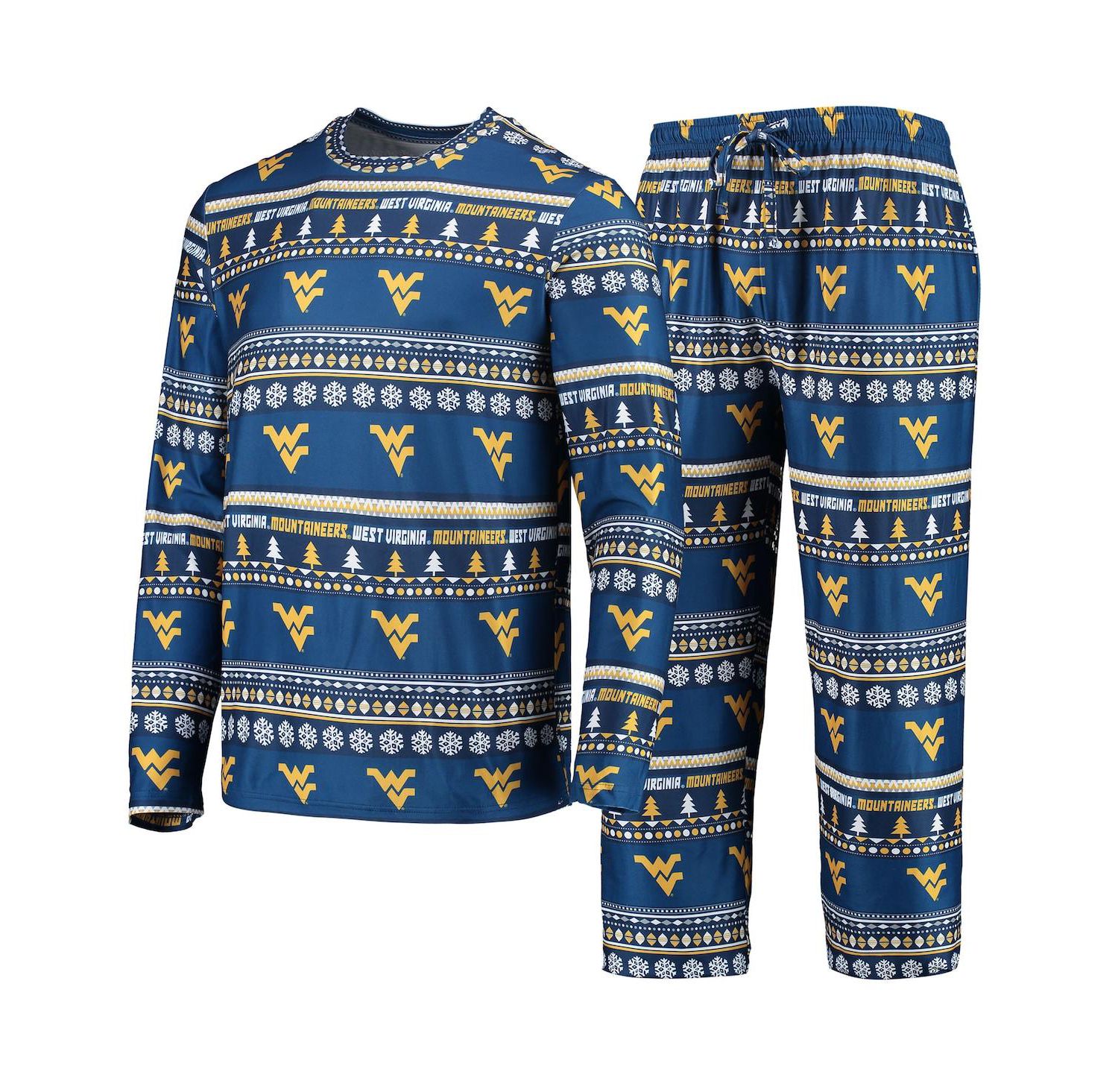 Men's Navy West Virginia Mountaineers Ugly Sweater Long Sleeve T-shirt and Pants Sleep Set