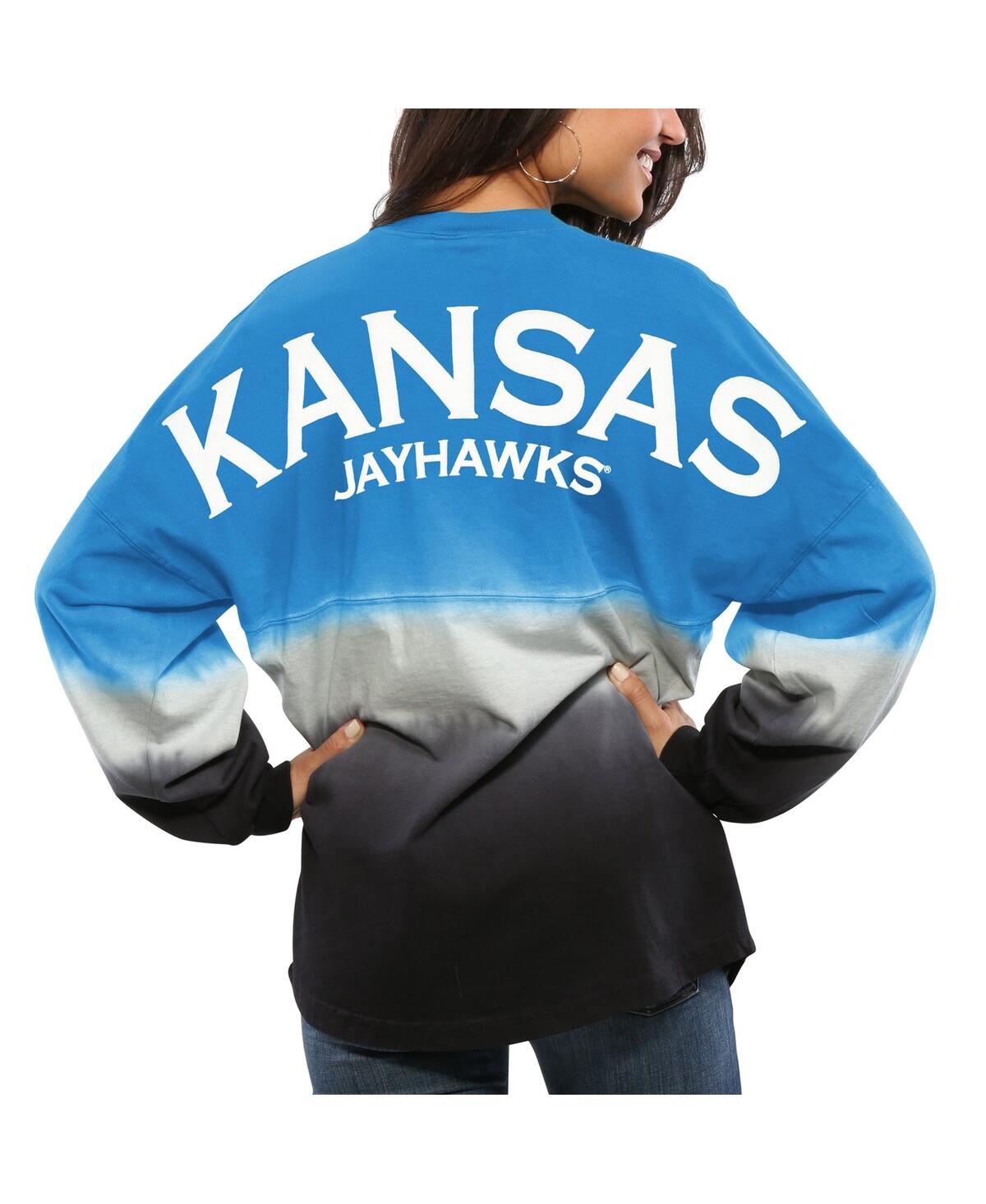 Shop Spirit Jersey Women's Royal Kansas Jayhawks Ombre Long Sleeve Dip-dyed