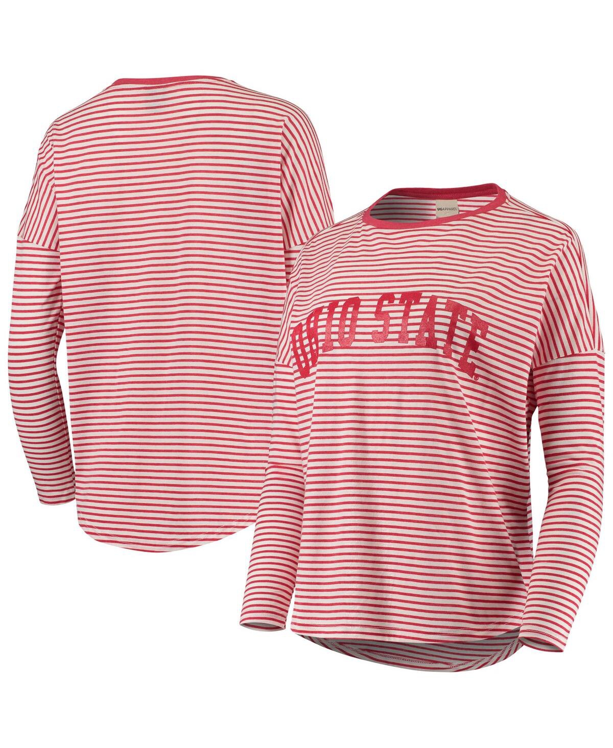University Girl Women's Scarlet And White Ohio State Buckeyes Melange Striped Boxy Long Sleeve T-shirt In Scarlet,white