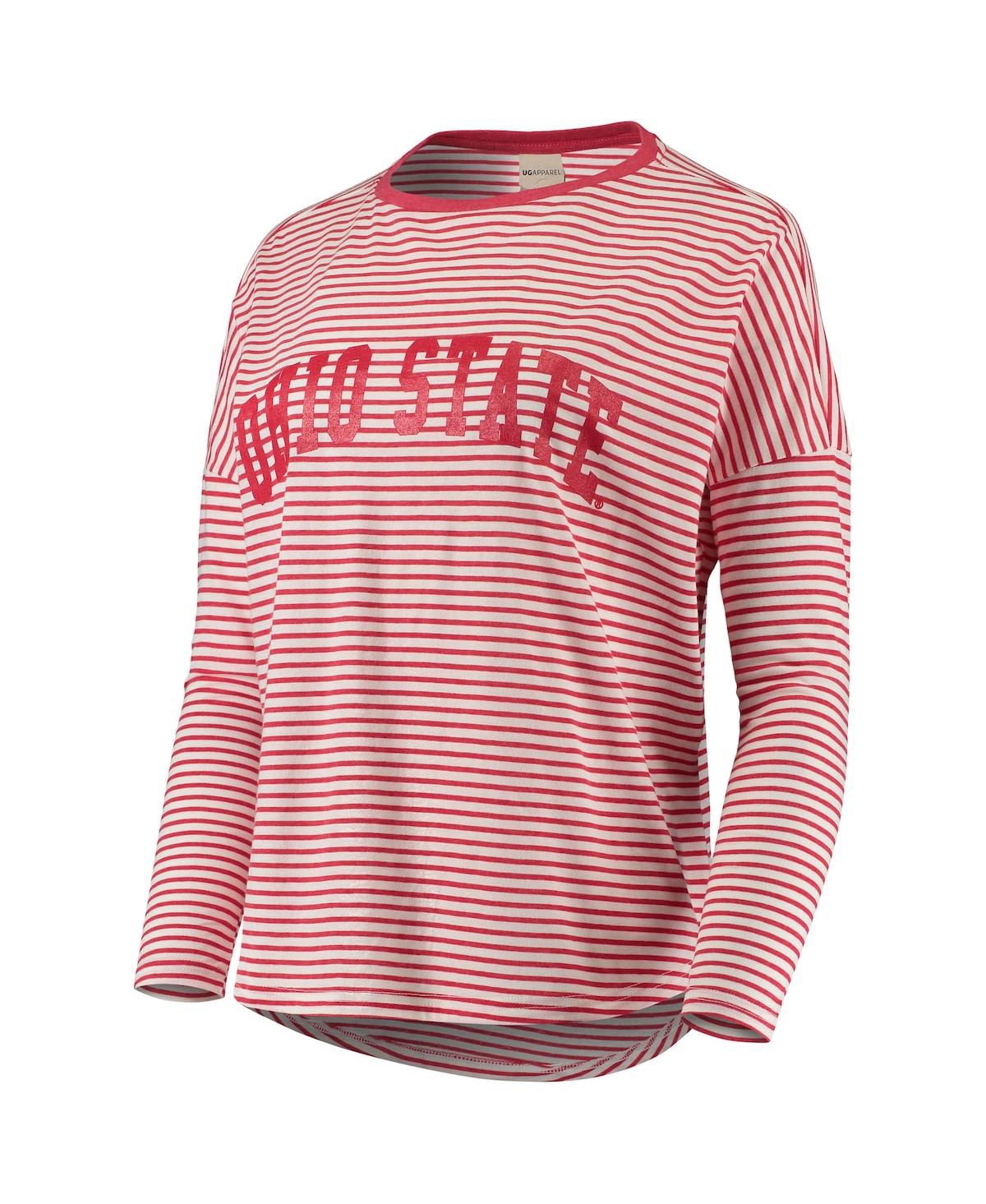 University Girl Women's Scarlet And White Ohio State Buckeyes Melange Striped Boxy Long Sleeve T-shirt In Scarlet,white