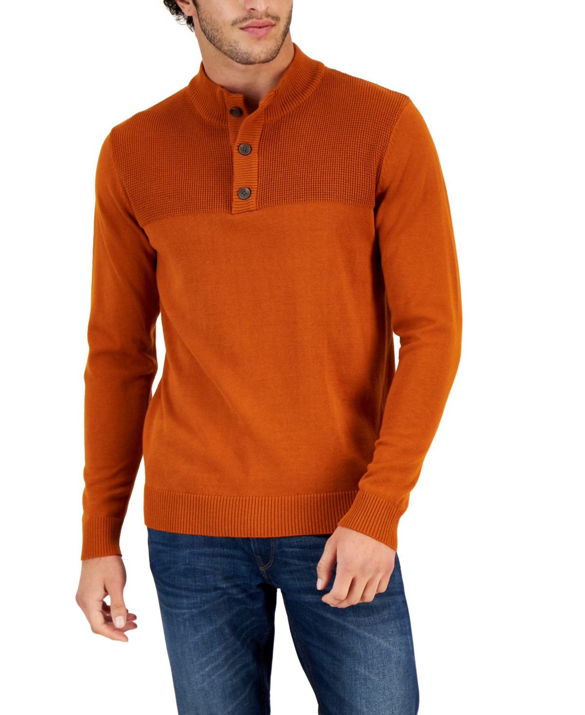 Shop Club Room Men's Button Mock Neck Sweater, Created For Macy's In Deep Rust