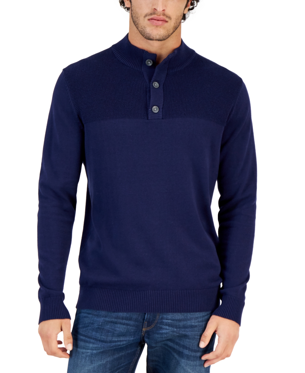 Club Room Men's Button Mock Neck Sweater, Created For Macy's In Navy Blue