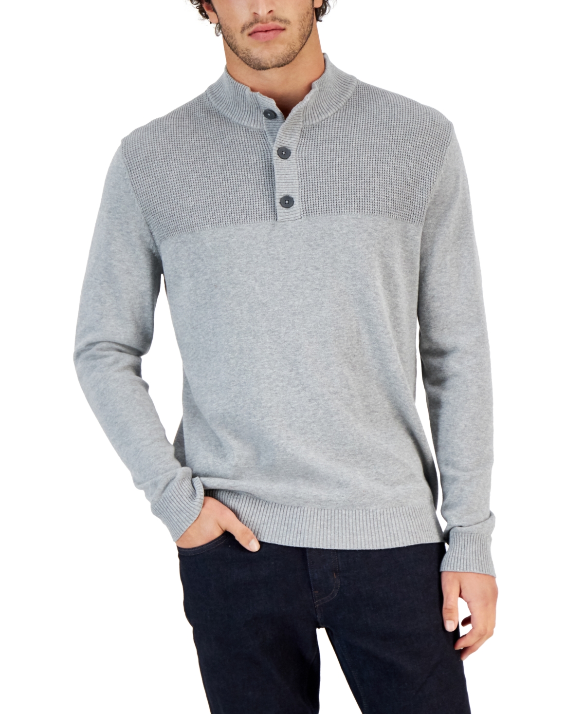 Club Room Men's Button Mock Neck Sweater, Created For Macy's In Soft Grey Heather