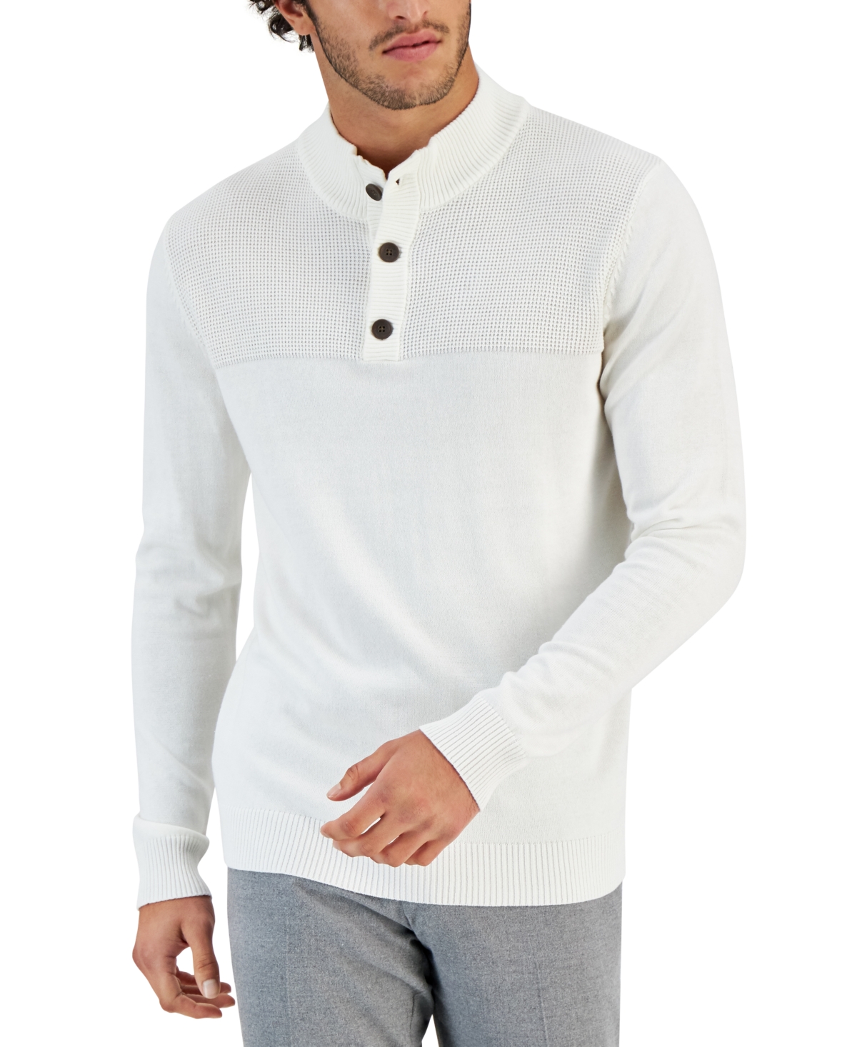 Shop Club Room Men's Button Mock Neck Sweater, Created For Macy's In Winter Ivory