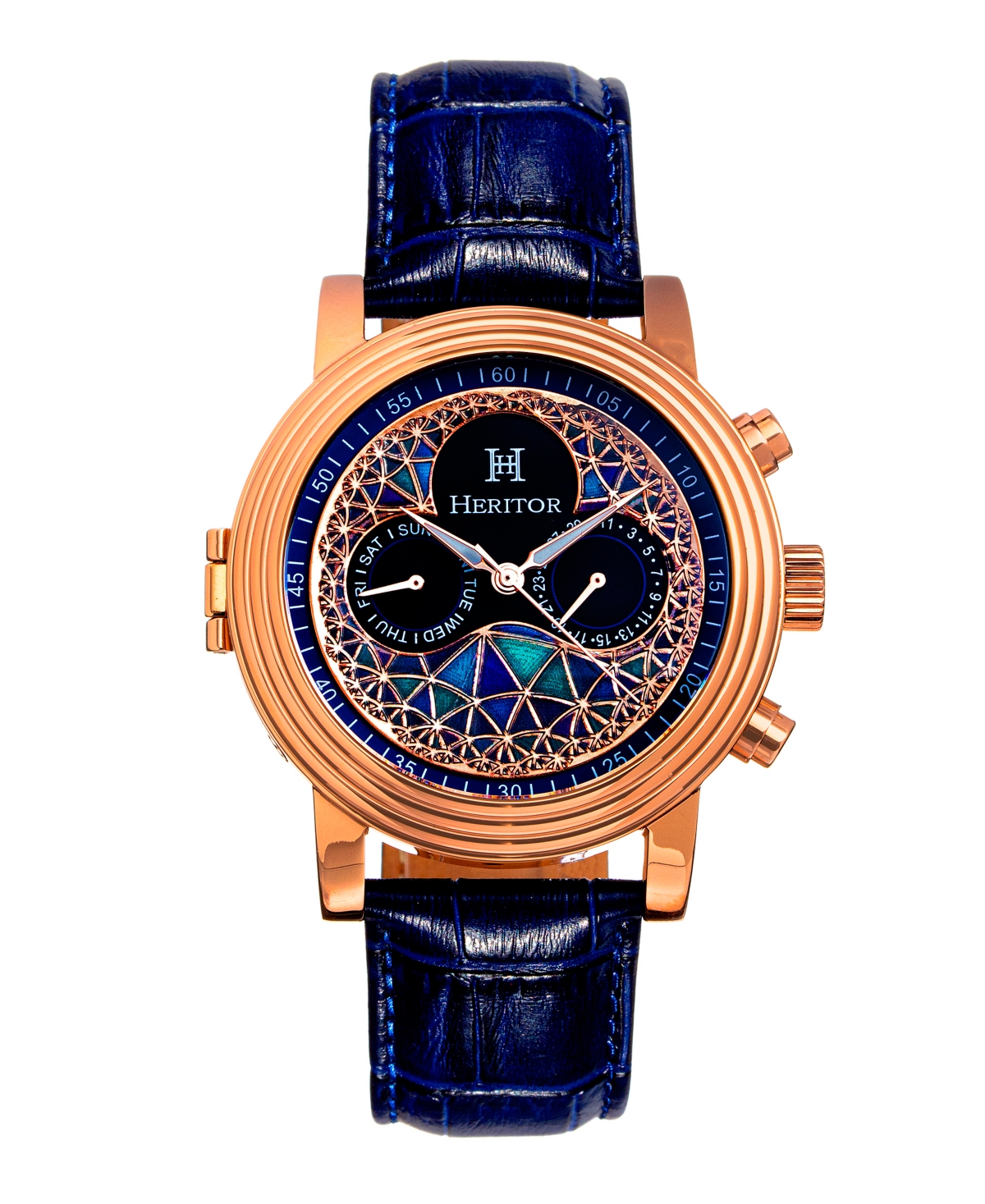 Automatic Legacy Black or Blue or Brown Genuine Leather Band Watch, 44mm - Rose Gold-Tone, Blue