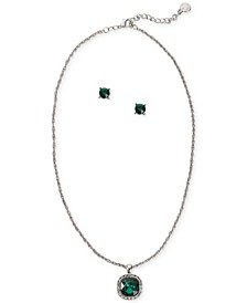 Silver-Tone Pavé & Emerald-Cut Stone Halo Pendant Necklace & Stud Earrings Set, Created for Macy's