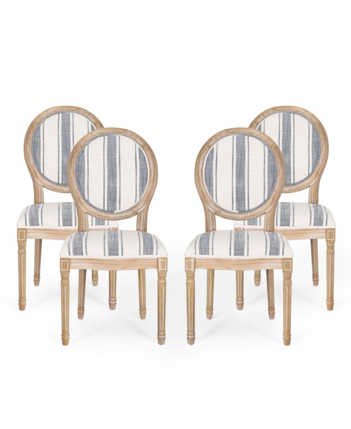Noble House Phinnaeus French Country Dining Chairs Set, 4 Piece In Dark Blue Stripes And Light Beige