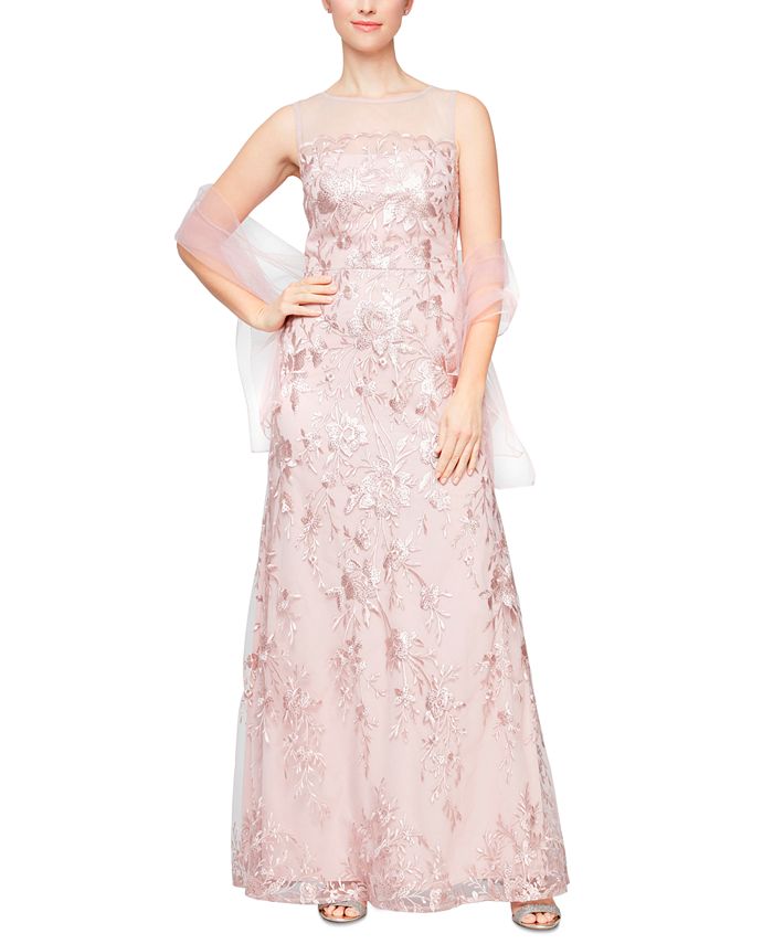 Alex Evenings Women s Embroidered Illusion A Line Gown Shawl