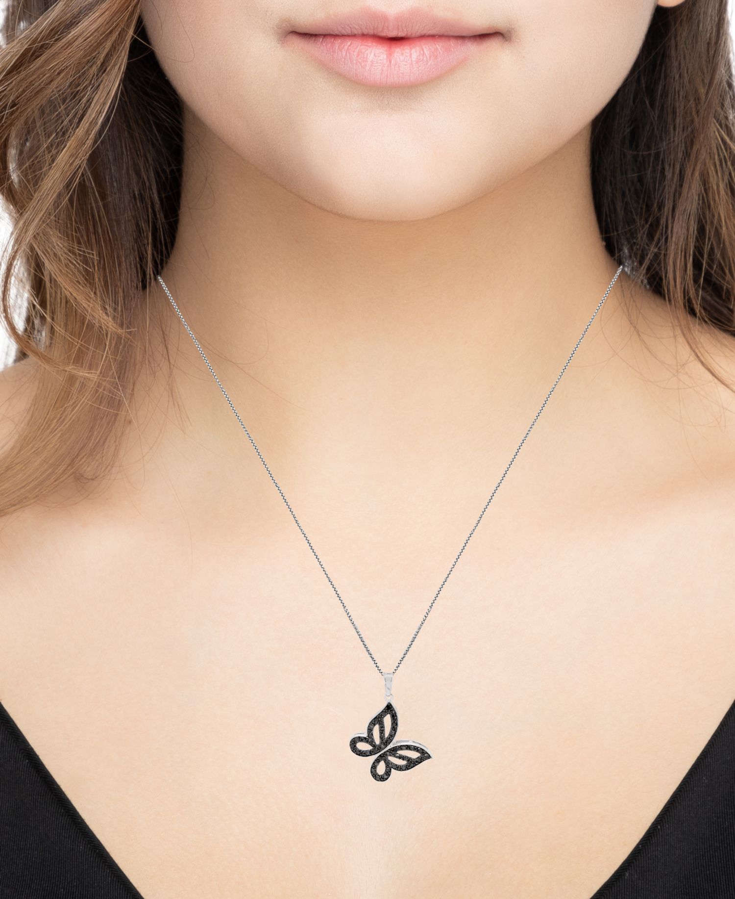 Black Diamond Pav&eacute; Butterfly 18" Pendant Necklace (1/6 ct. t.w.) in Sterling Silver