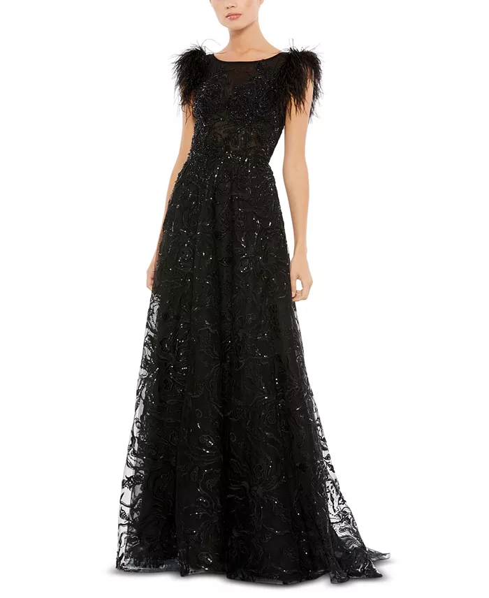Women's Embellished Feather Cap Sleeve Bateau A Line Gown