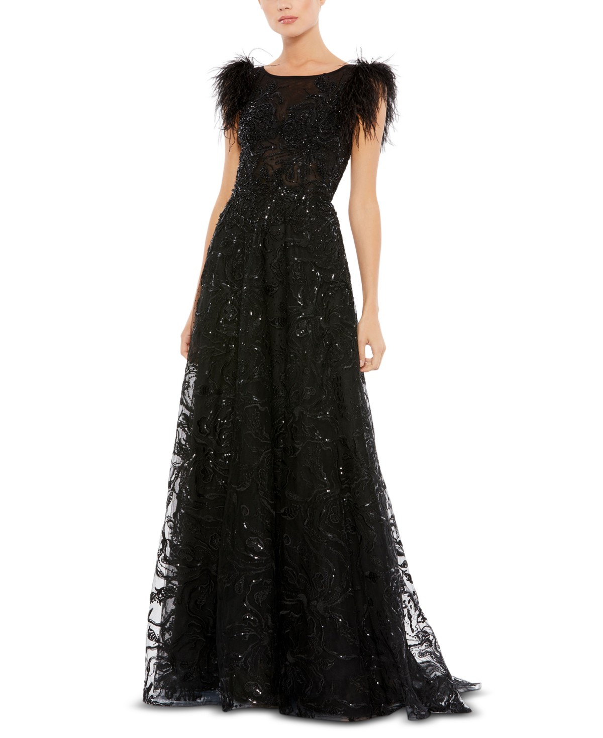 Женские платья Mac Duggal Women's Embellished Feather Cap Sleeve Bateau A Line Gown — фото 1