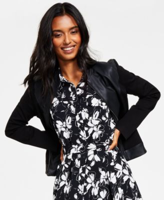 Alfani - Petite Mixed-Media Zip-Front Jacket