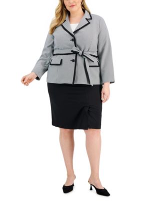 Le Suit - Plus Size Contrast-Trim Tie-Waist Pencil Skirt Suit