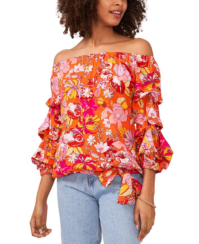 Vince Camuto Women's Printed Off-The-Shoulder Bubble-Sleeve Top - Macy's